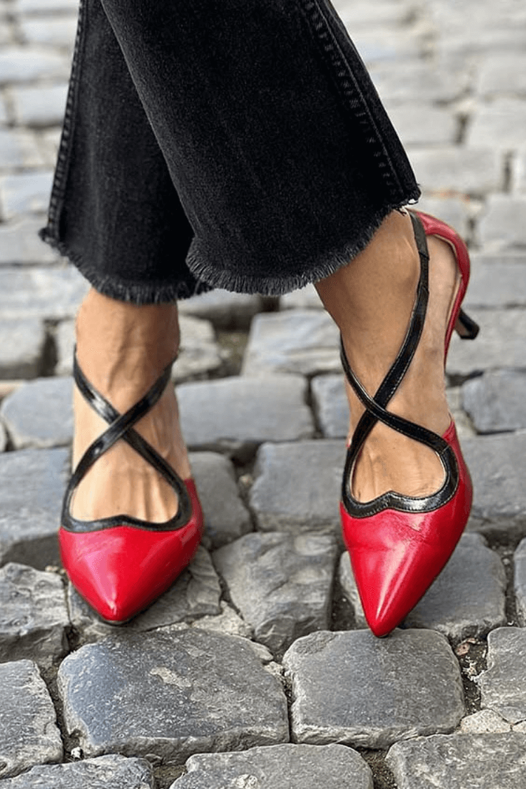 Glossy Red Crisscross Strap Heart Cutout Heels [Pre Order]