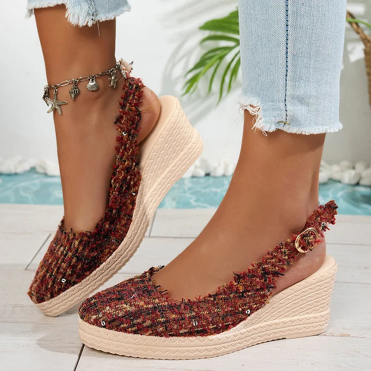 Raw Trim Pointed Toe Slingback Strap Buckle Wedge Sandals