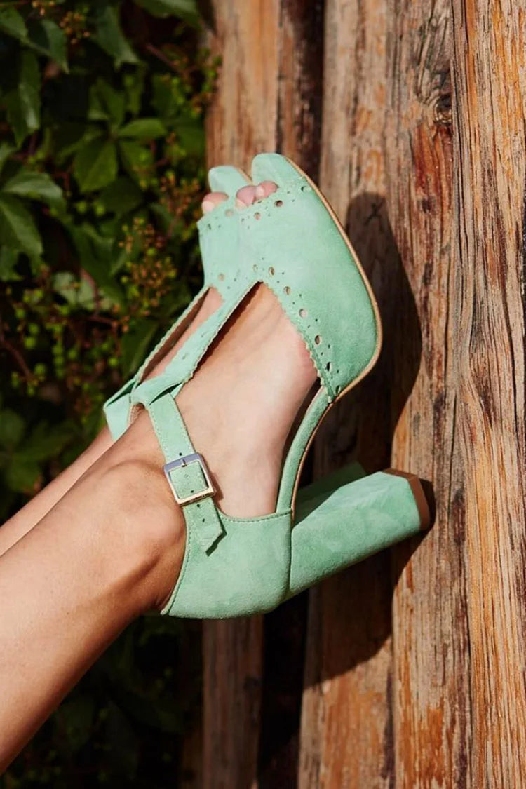 Oco Peep Toe T-Strap Fivela Salto grosso verde