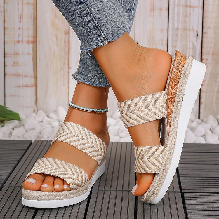 Woven Pattern Double Instep Belt Platform Wedge Espadrille Slippers