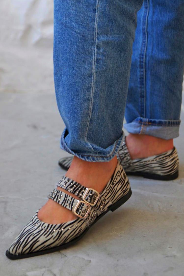 Zebra Print Metal Decor Two Strap Buckle Pointed Toe Flats [Pre Order]