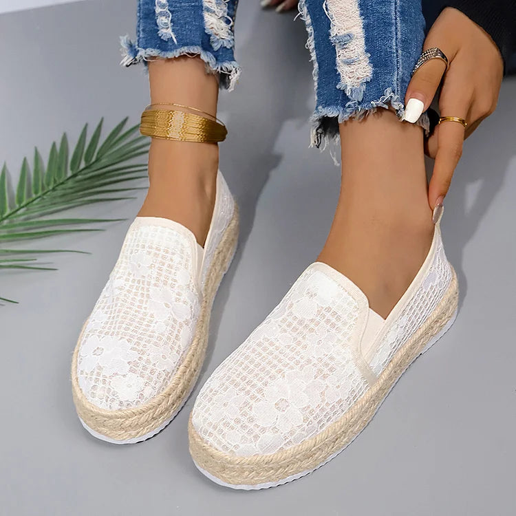 Mesh-Patchwork-Karomuster-Espadrille-Plateau-Loafer mit runder Zehenpartie