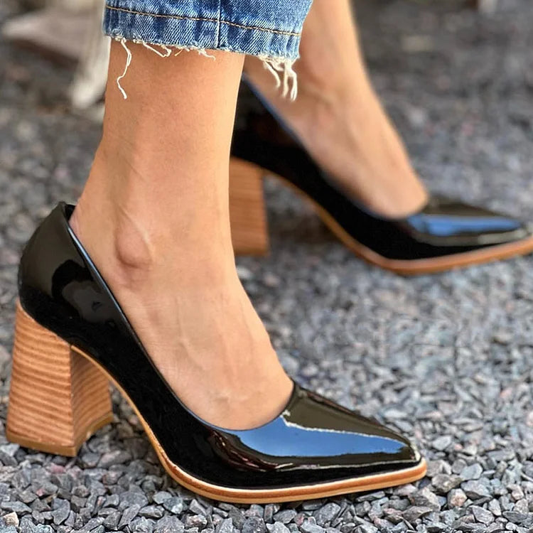 Patent Leather Pointed Toe Black Chunky Heels