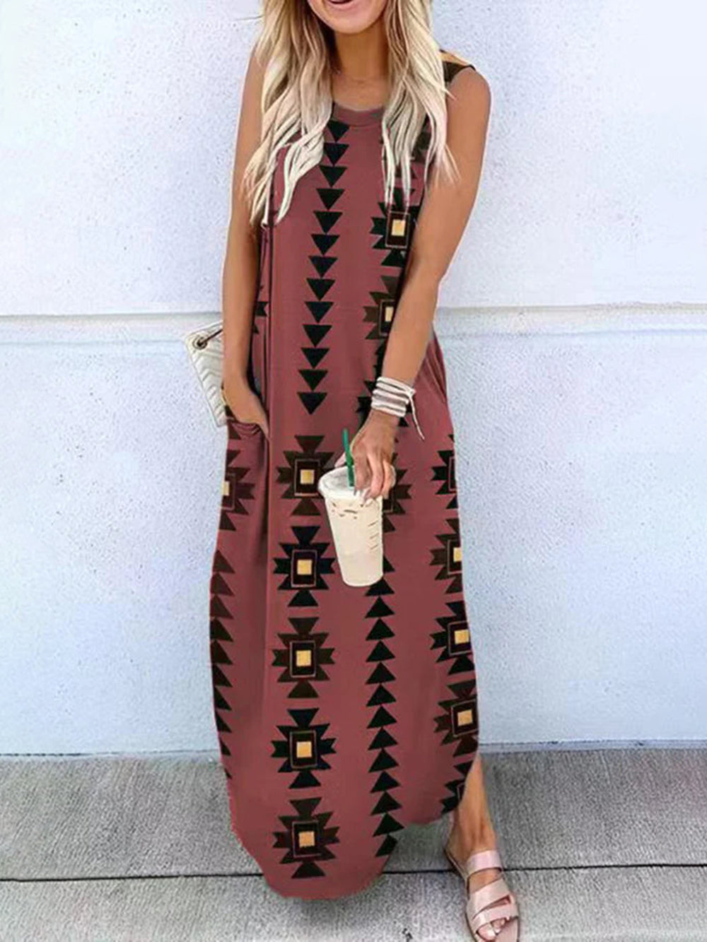 Celina Vestido maxi de malha com estampa geométrica hippie e bolsos