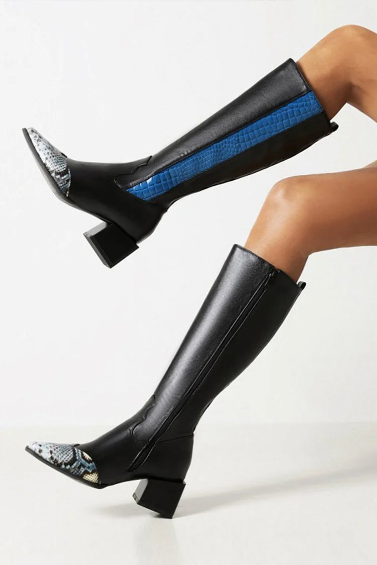 Snake Print Colorblock Pointed Toe Chunky Heel Knee High Boots