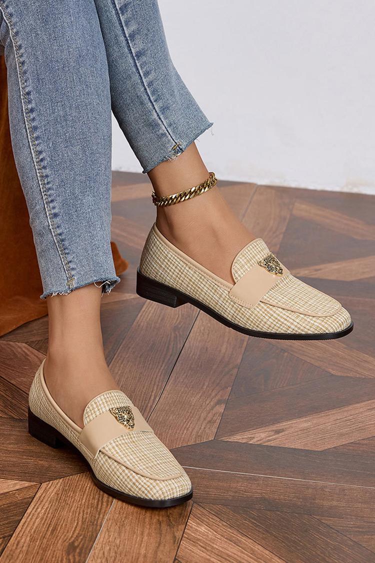 Metall Leopard Kopf Dekor Patchwork Quadratische Zehe Freizeit Slipper