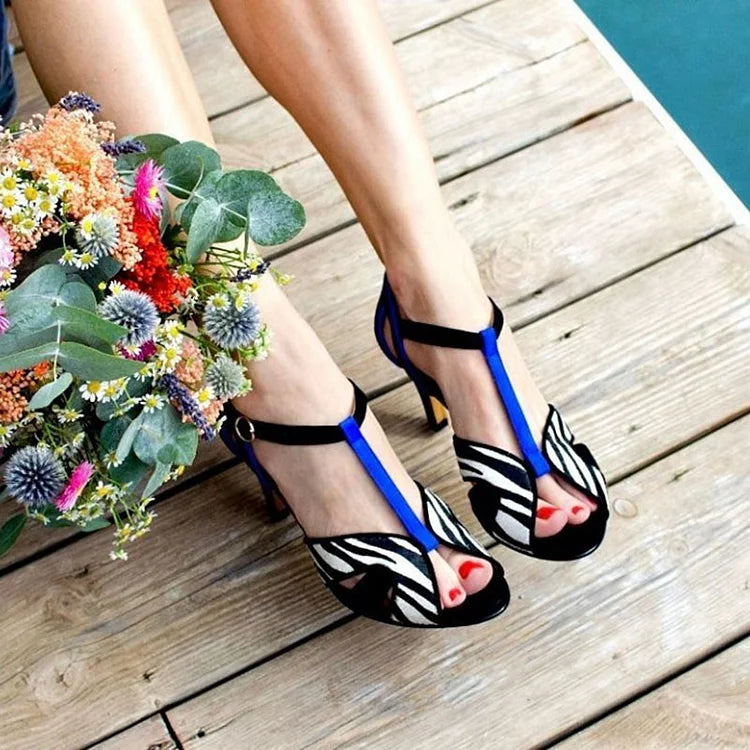 Zebra Colorblock Print T-strap Buckle Black Stiletto Heels [Pre Order]