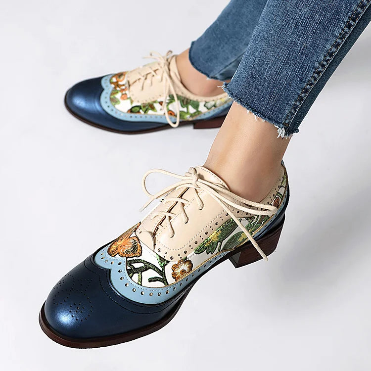 Floral Print Colorblock Patchwork Rundspitze Schnür-Brogue Oxfords