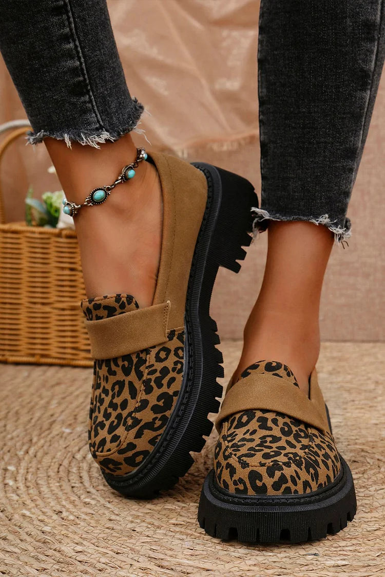 Patchwork Round Toe Leopard Print Low Block Heel Loafers