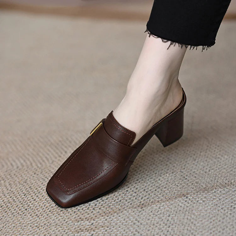 Patchwork Metal Buckle Decor Square Toe Slip On Mules Heels