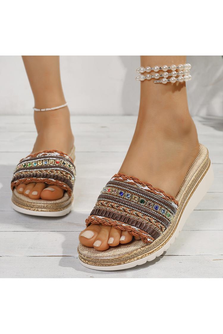 Kolorowe klapki na koturnie z ozdobą z kryształków, z okrągłym noskiem i wzorem patchworkowym, casualowe