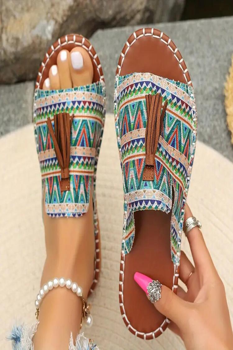 Multicolor Boho Pattern Tassel Decor Round Toe Casual Slippers