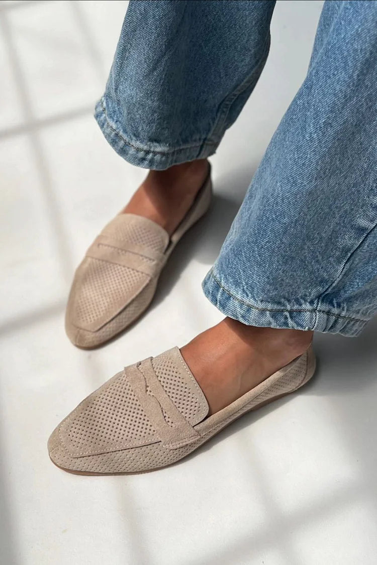 Patchwork Solid Color Hollow Out Round Toe Beige Loafers [Pre Order]