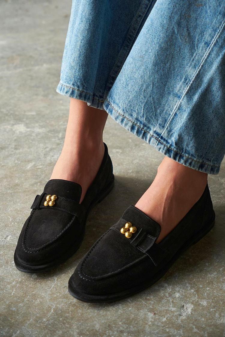 Metall-Dekor Stepp-Detail Rundzehen Schwarze Loafer [Vorbestellung]