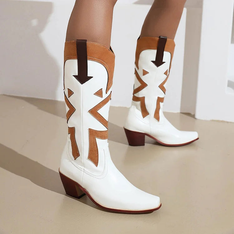 Colorblock Patchwork Pointed Toe Chunky Heel Western Boots