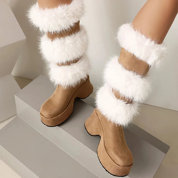 Colorblock Fluffy Trim Round Toe Chunky Heel Platform Mid Calf Boots