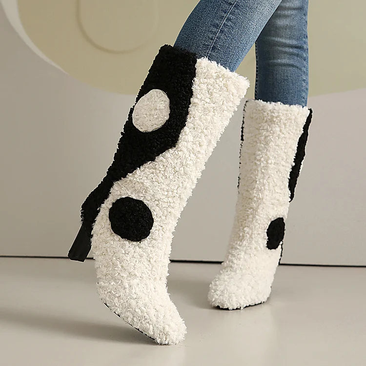 Colorblock Faux Fur Round Toe Chunky Heel Pull On Mid Calf Boots