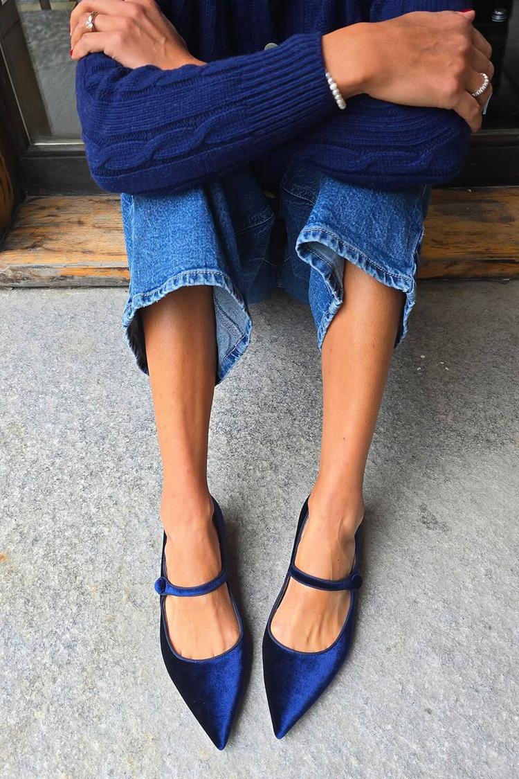 Ballerine blu navy con punta a punta, cinturino sul collo del piede in velluto tinta unita [Pre-ordine] 