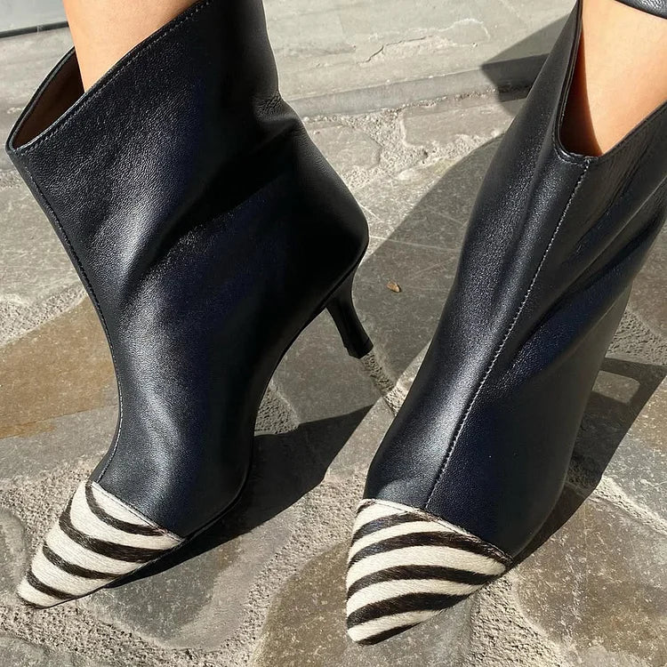 Zebra Print Pointed Toe Black Stiletto Heels Boots [Pre Order]