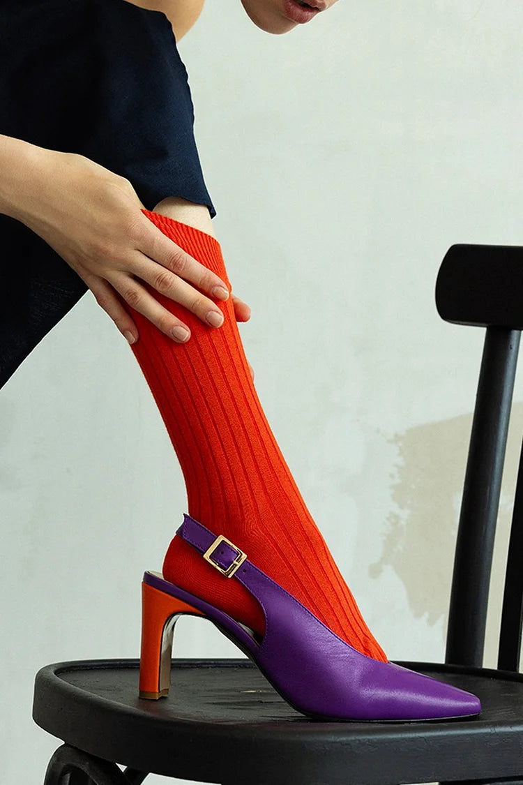 Tacco spesso viola con cinturino alla caviglia e punta quadrata [Pre-ordine]