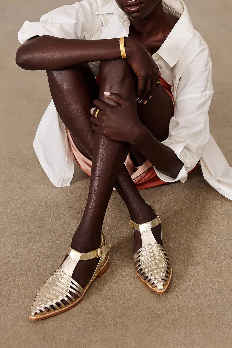 Woven Metallic Sheen Pointed Toe Gold Sandals [Pre Order]