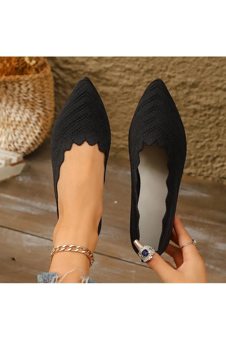 Solid Color Knitted Wavy Edge Pointed Toe Casual Flats