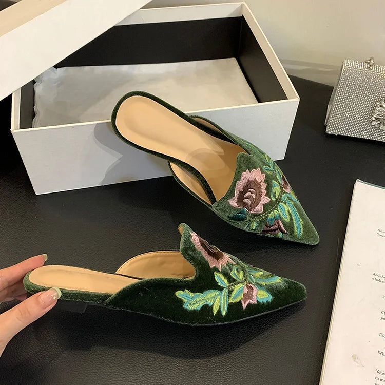 Floral Embroidery Pointed Toe Elegant Velvet Mules