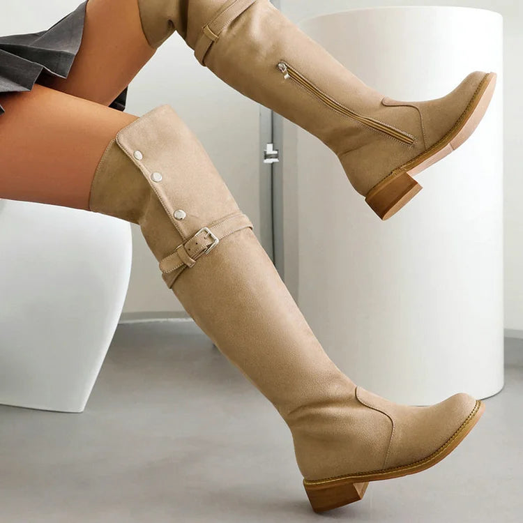 Metal Button Strap Buckle Decor Round Toe Over The Knee Boots