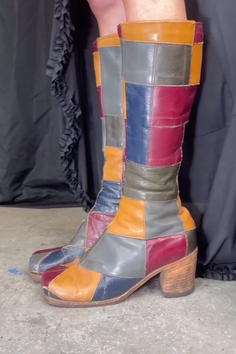 Multi-color Patchwork Leather Chunky Heel Go-go Boots [Pre Order]