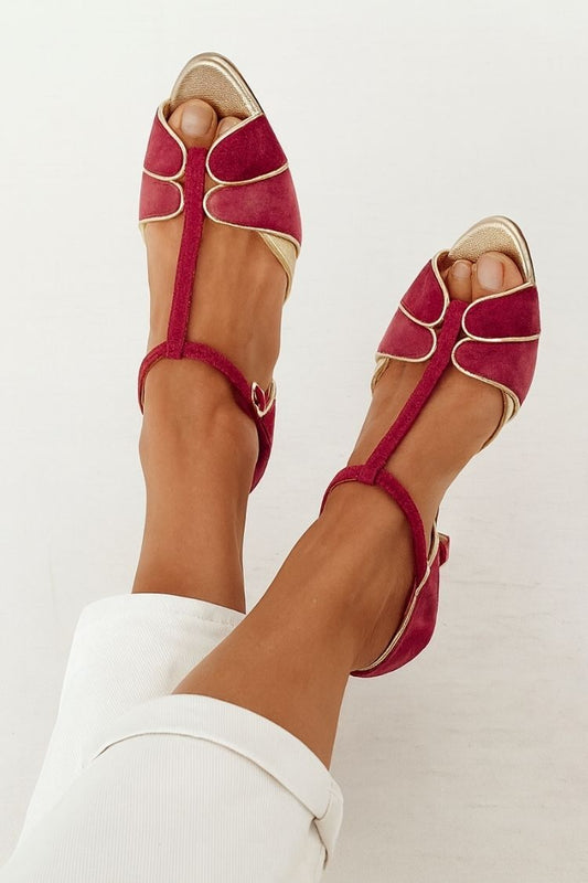 Sandali eleganti in pelle scamosciata bicolore con cinturino a T, punta aperta e tacco a gattino [Pre-ordine] 