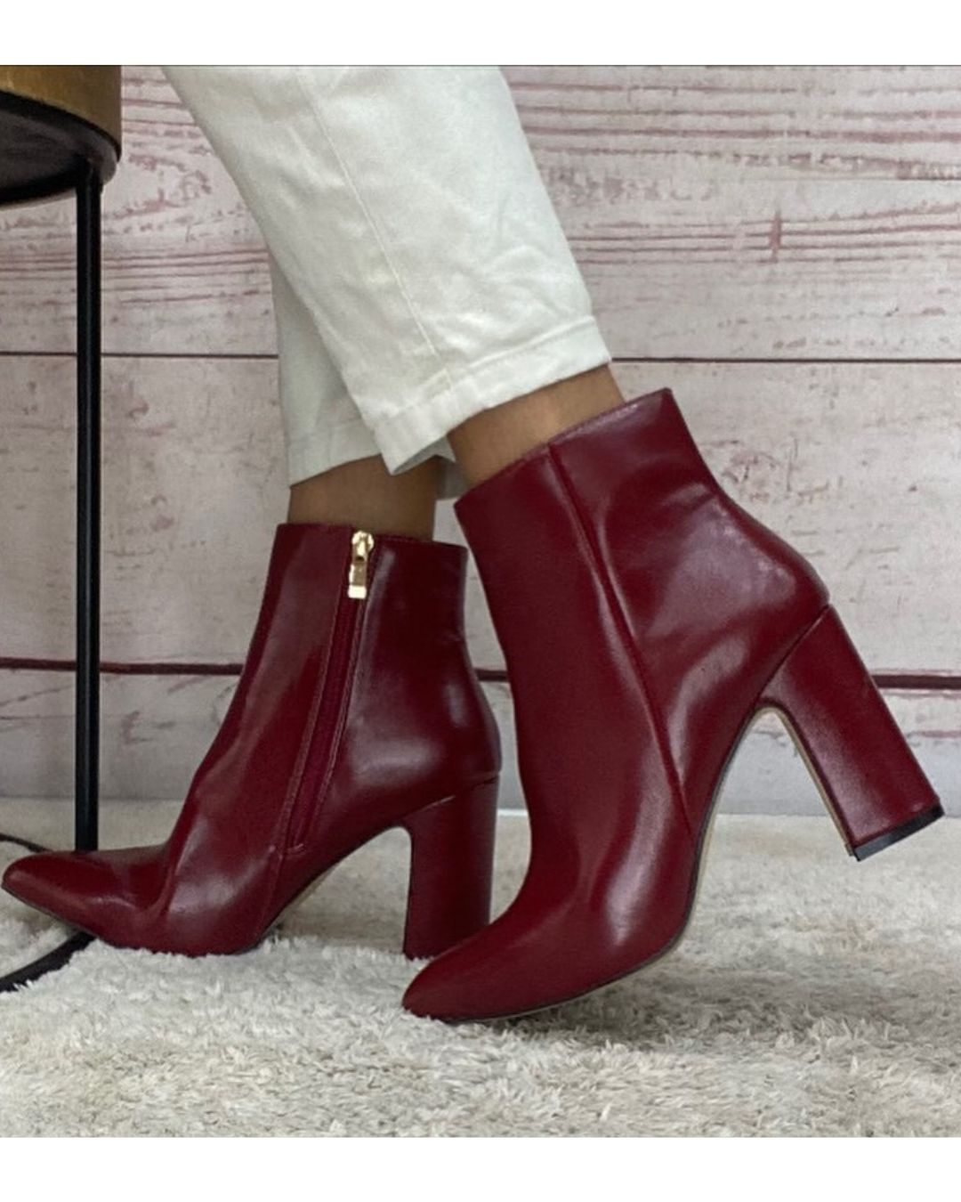 Burgundy Patent Pointed Toe Zipper Block Heel Ankle Boots [Pre Order]