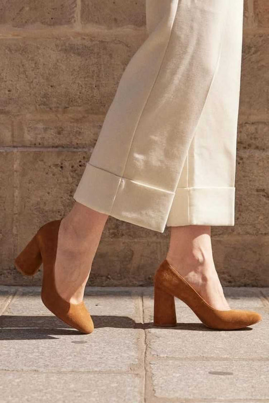 Suede Solid Almond Toe Block Heel Pumps [Pre Order]