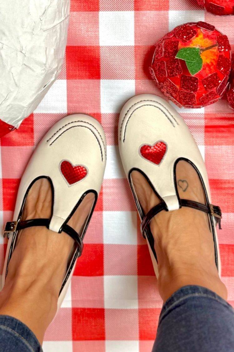 Cream Leather Heart Applique T-Strap Mary Jane Flats [Pre Order]