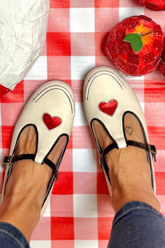 Cream Leather Heart Applique T-Strap Mary Jane Flats [Pre Order]