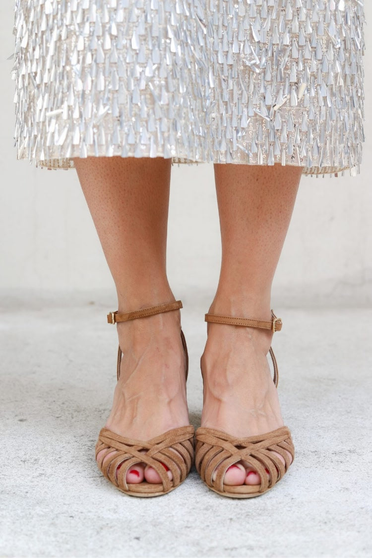 Strappy Woven Open Toe Ankle Strap Tan Block Heels [Pre Order]