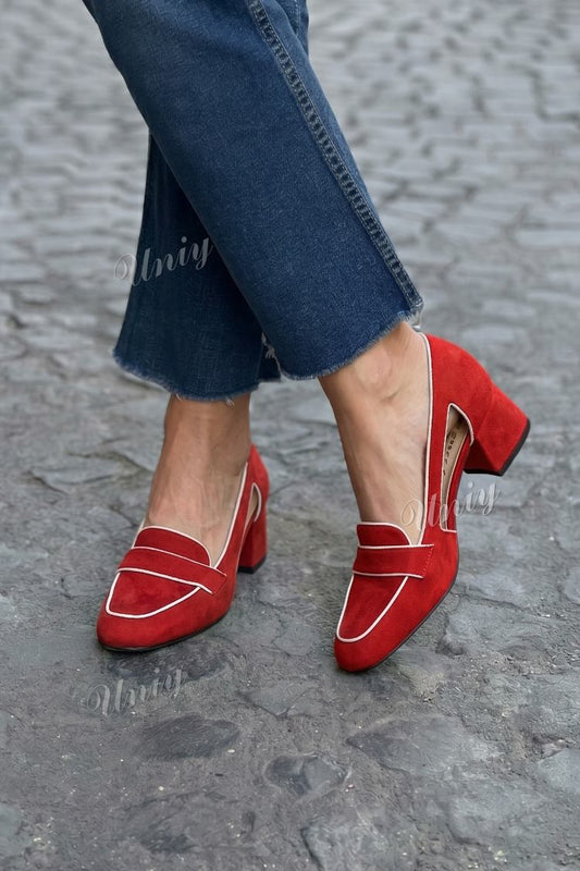 Suede Cutout Penny Loafer Block Heels [Pre Order]