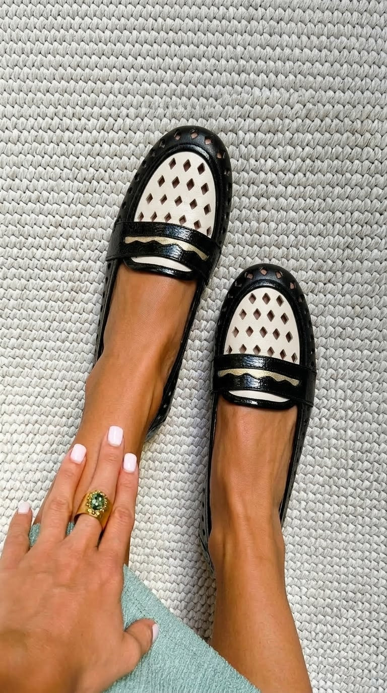 Two-Tone Laser-Cut Penny Bar Patent Loafers [Pre Order]