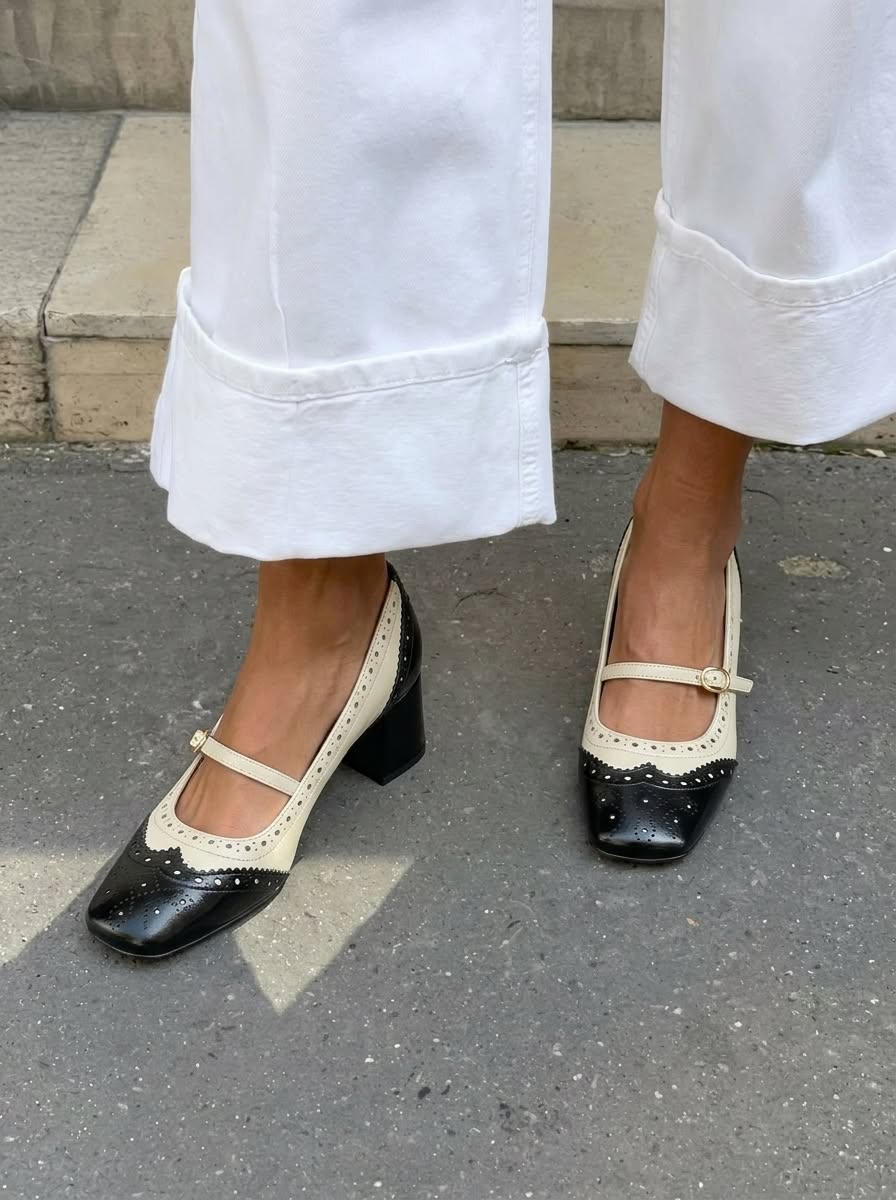 Brogue Wingtip Square Toe Mary Jane Black Cream Block Heels [Pre Order]