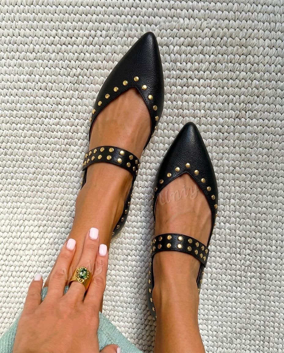 Studded Mary Jane Strap Pointed Toe Flat Shoes [Pre Order]