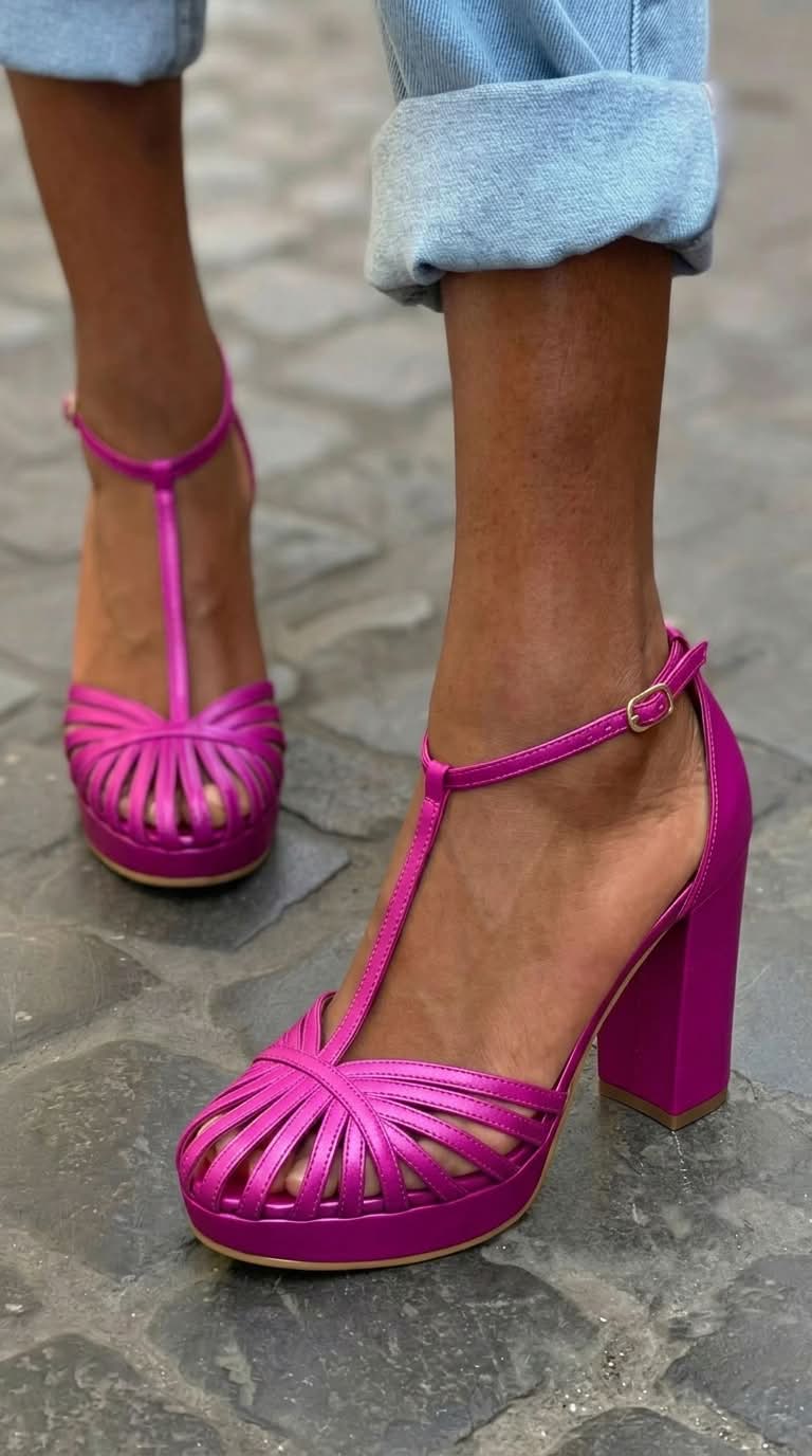 Paarse Ronde Neus T-Band Plateau Zware Blokhak Sandalen [Vooraf Bestellen]