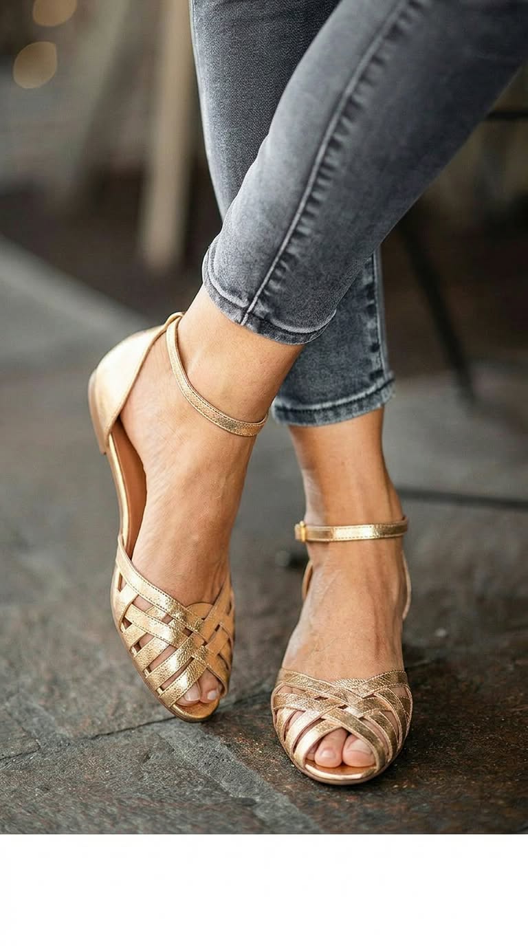 Metallic Woven Peep Toe Ankle Strap Gold Flats [Pre Order]