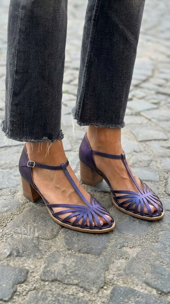Metallic Purple Cutout T-Strap Block Heels [Pre Order]