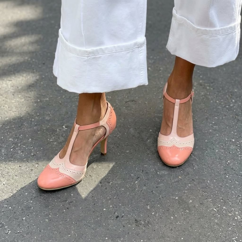 Two Tone Round Toe T-Strap Pink Kitten Heels [Pre Order]
