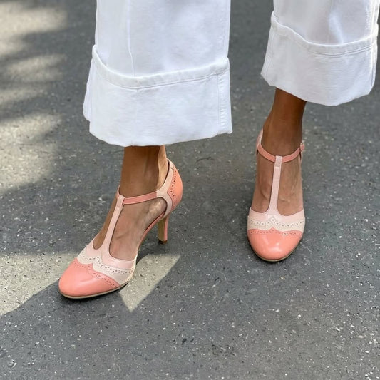 Two Tone Round Toe T-Strap Pink Kitten Heels [Pre Order]
