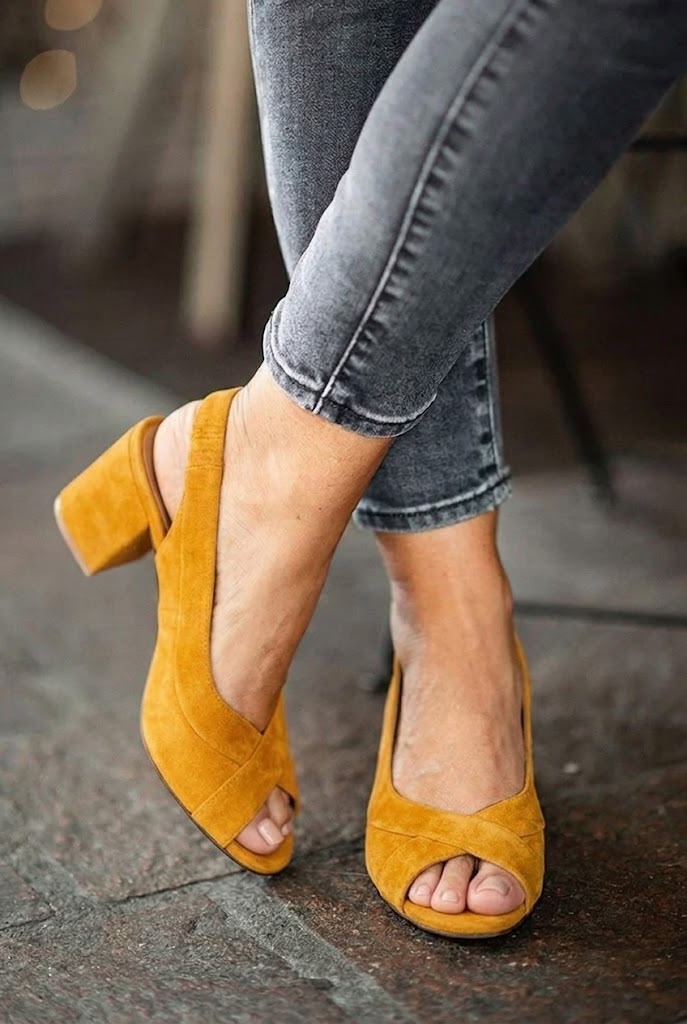 Suede Crisscross Peep Toe Slingback Mustard Chunky Heels [Pre Order]
