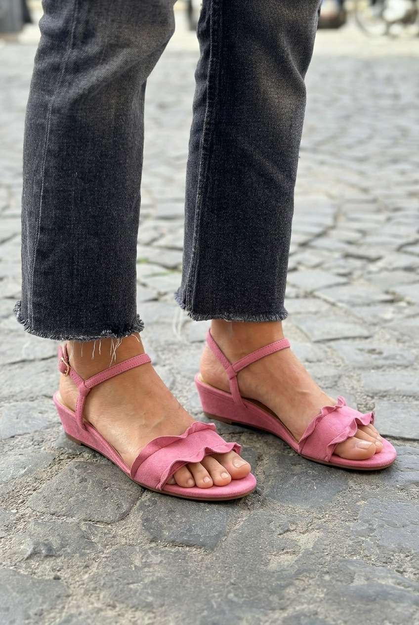 Ruffled Open Toe Ankle Strap Wedge Sandals [Pre Order]