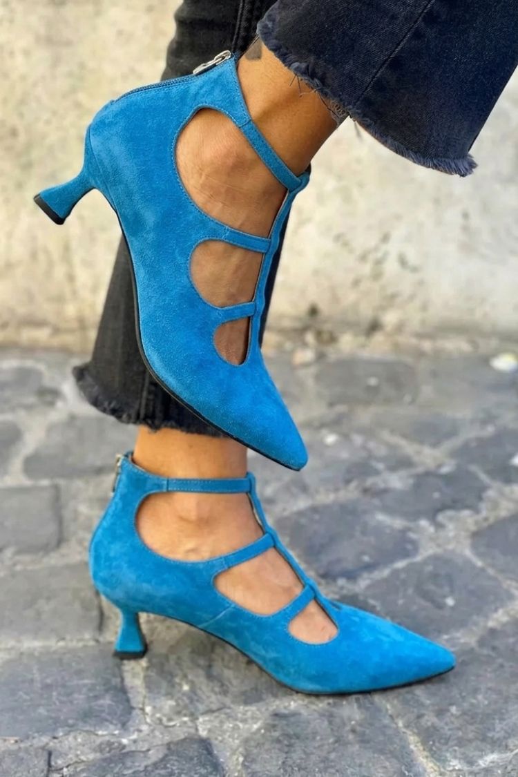 Hollow Out Ankle Strap Zip Pointed Toe Purple Kitten Heels