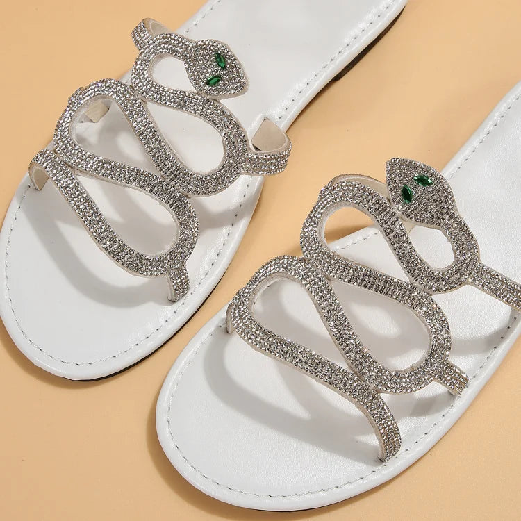 Pantuflas con punta redonda y correa en forma de serpiente con diamantes de imitación 