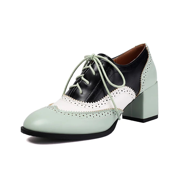 Scarpe Oxford Brogue con Tacco Grosso e Lacci, Punta Rotonda e Patchwork Color Block 