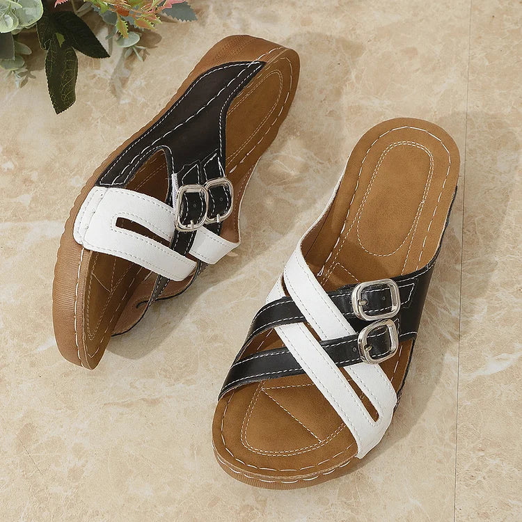 Colorblock Cross Straps Buckles Round Toe Casual Wedge Slippers